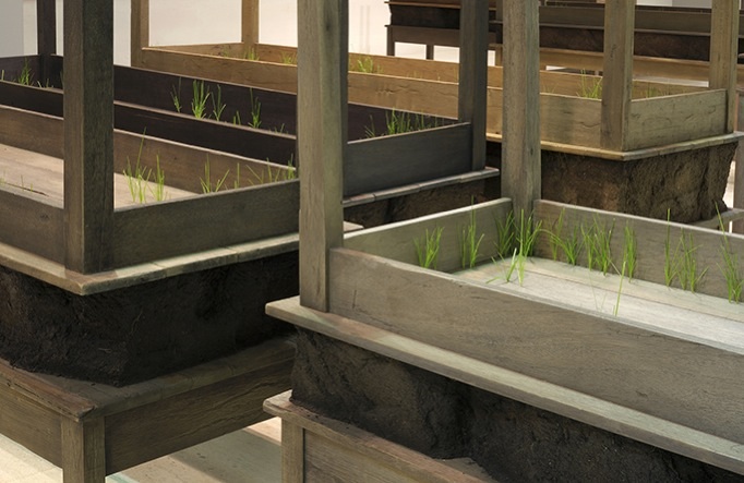 Doris Salcedo, "Plegaria muda," 2011. Tables, soil, grass and enclosed irrigation system. Variable dimensions.